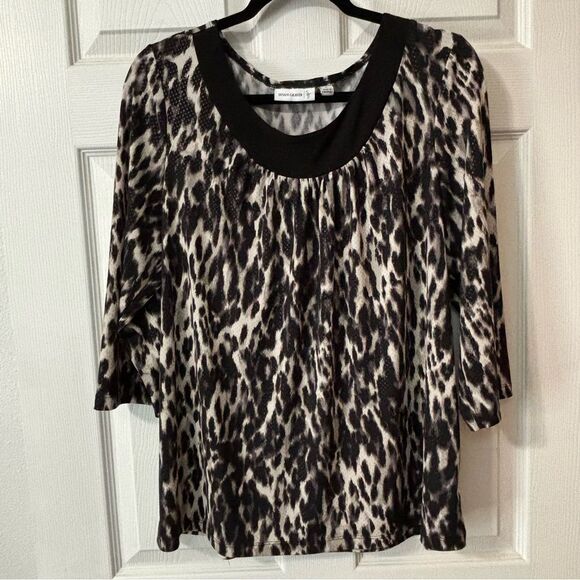 Susan Graver Black/Gray Animal Print Pullover Top Scoop Neck 3/4 Slv Sz Large - Picture 1 of 7